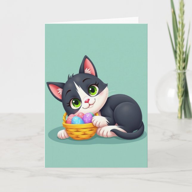 Cute Kitty Spring Egg Basket Card (Front)