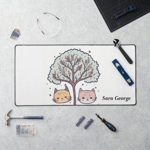 Cute Kitty  tree drawing with Name Desk Mat