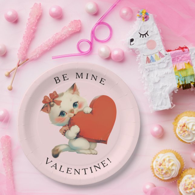 Cute Kitty Vintage Be Mine Valentine Paper Plates (Party)