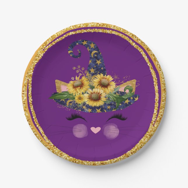 Cute Kitty Witch Glittery Halloween Paper Plates (Front)