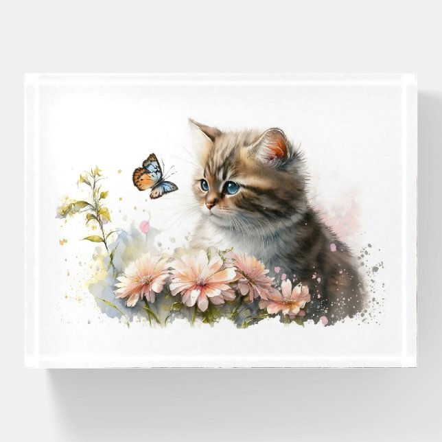 Cute Kitty With Butterfly Paperweight (Front)