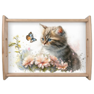Cute Kitty With Butterfly Serving Tray