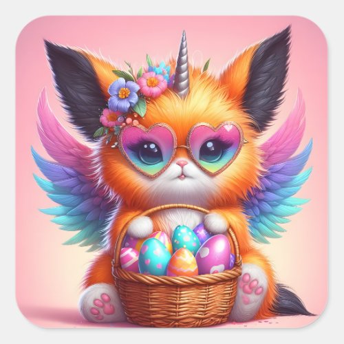 Cute Kitty with Egg Basket Square Sticker