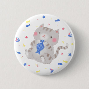 Cute Kitty with Fish in Summer Illustration Button