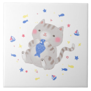 Cute Kitty with Fish in Summer Illustration Ceramic Tile