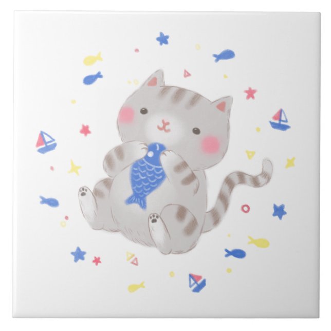 Cute Kitty with Fish in Summer Illustration Ceramic Tile (Front)