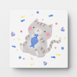 Cute Kitty with Fish in Summer Illustration Plaque