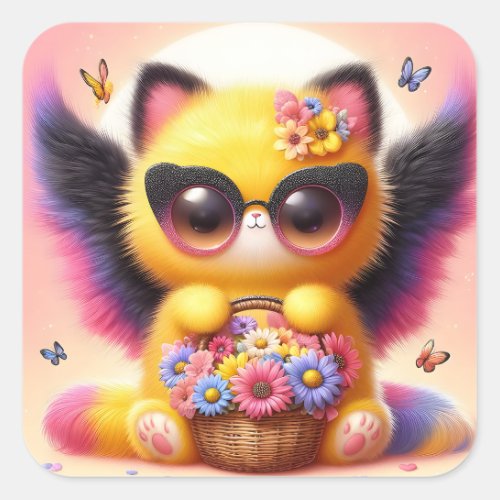 Cute Kitty with Flower Basket Square Sticker