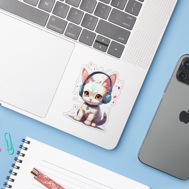 Cute Kitty with Headphones Charm Sticker (Laptop w/ iPhone)