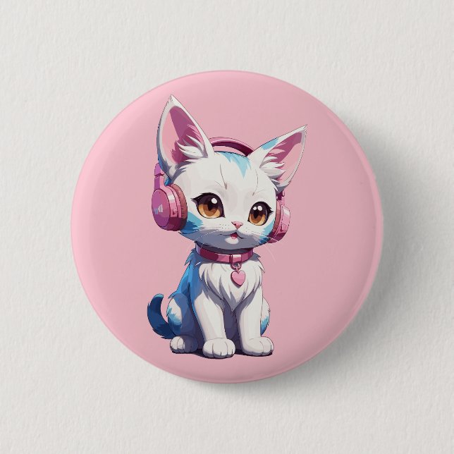 Cute Kitty with Headphones Magic Button (Front)