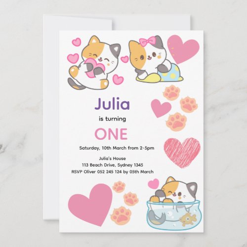 Cute kitty with hearts  baby girl birthday  invitation