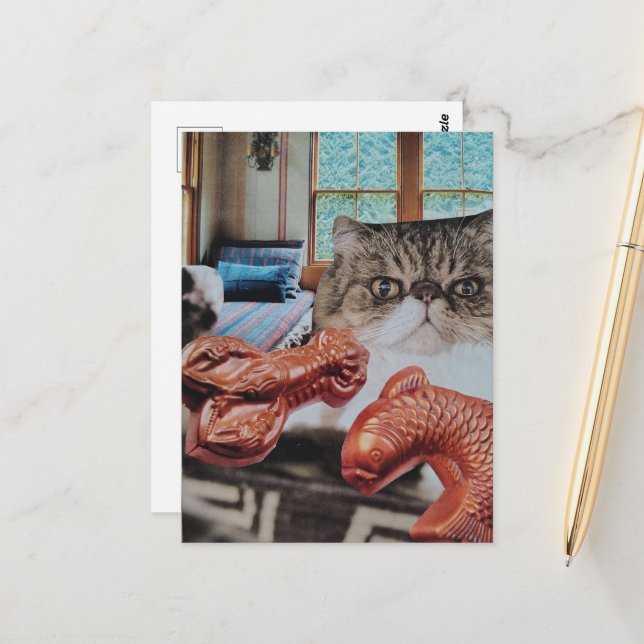 Cute Kitty With Lobster and Fish Collage Postcard (Front/Back In Situ)