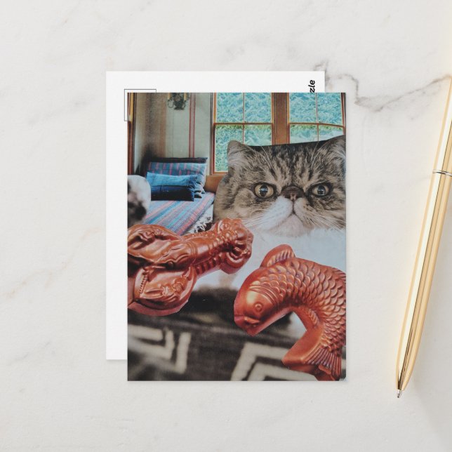 Cute Kitty With Lobster and Fish Collage Postcard (Front/Back In Situ)