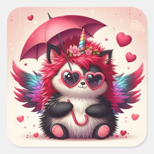 Cute Kitty with Umbrella Square Sticker