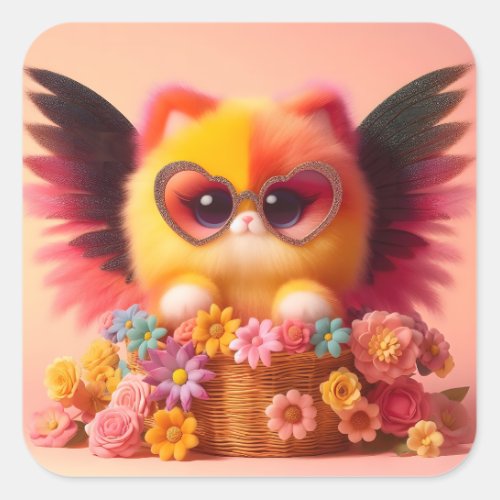 Cute Kitty with Wings  Flower Basket  Square Sticker