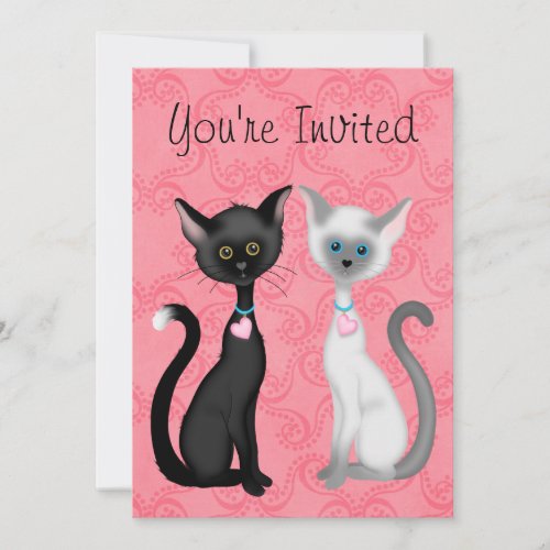 Cute Kity Cats Pink Black White Birthday Invite