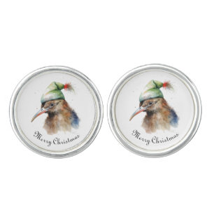 Cute Kiwi Bird in Christmas Elf Hat, custom Cufflinks