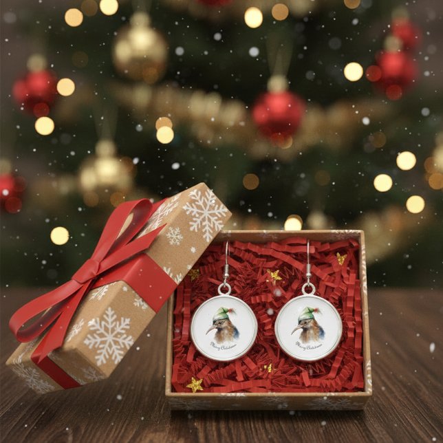 Cute Kiwi Bird in Christmas Elf Hat, custom Earrings (Creator Uploaded)