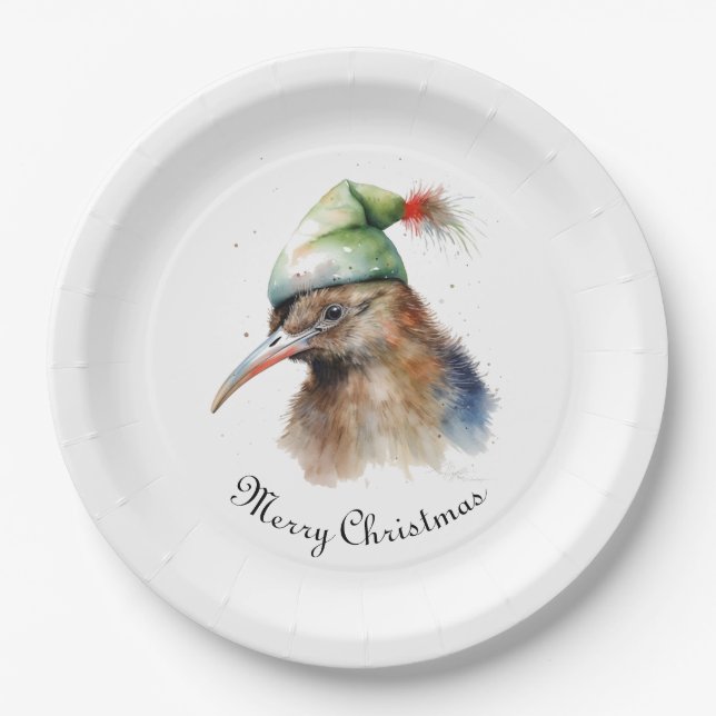 Cute Kiwi Bird in Christmas Elf Hat, custom Paper Plates (Front)