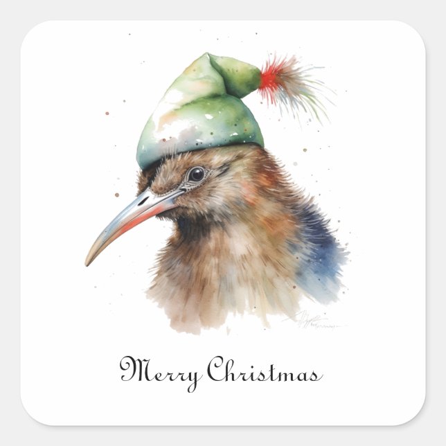 Cute Kiwi Bird in Christmas Elf Hat, custom Square Sticker (Front)