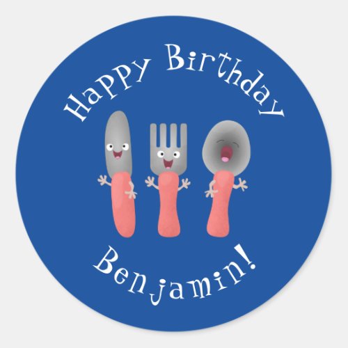 Cute knife fork and spoon cutlery cartoon classic round sticker