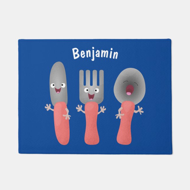 Cute knife fork and spoon cutlery cartoon doormat (Front)