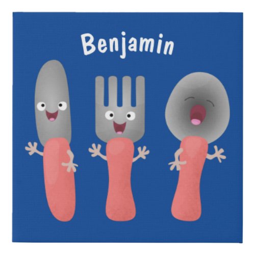 Cute knife fork and spoon cutlery cartoon faux canvas print