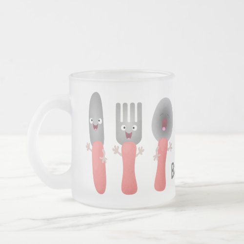 Cute knife fork and spoon cutlery cartoon frosted glass coffee mug