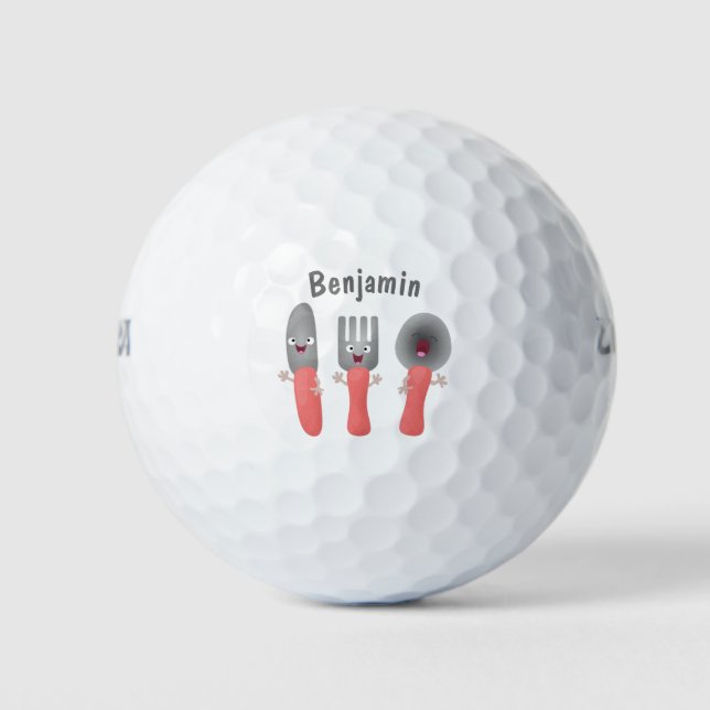 Cute knife fork and spoon cutlery cartoon golf balls (Front)