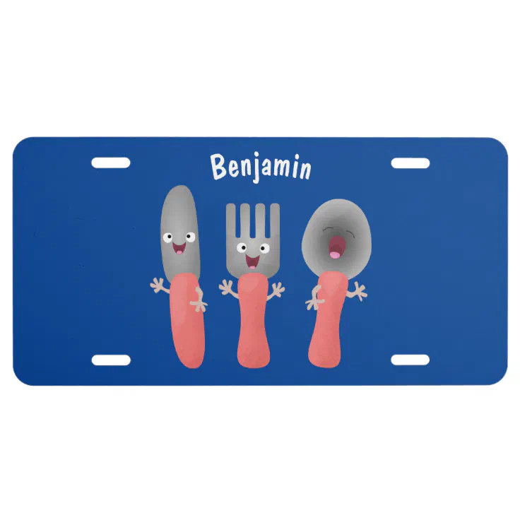 Cute knife fork and spoon cutlery cartoon license plate | Zazzle