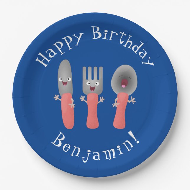 Cute knife fork and spoon cutlery cartoon paper plates (Front)