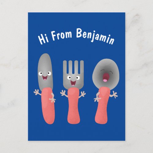 Cute knife fork and spoon cutlery cartoon postcard