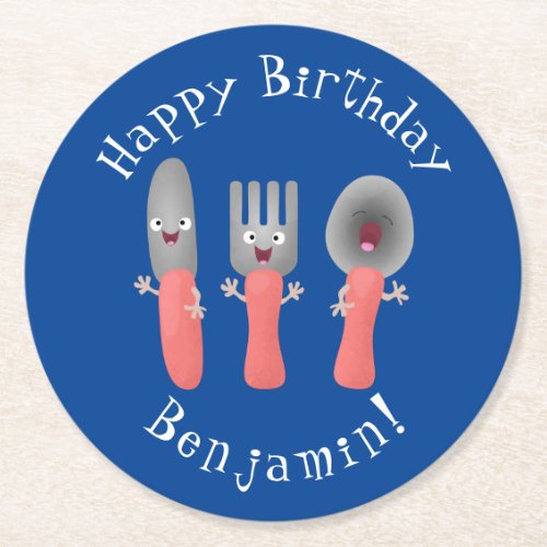 Cute knife fork and spoon cutlery cartoon round paper coaster