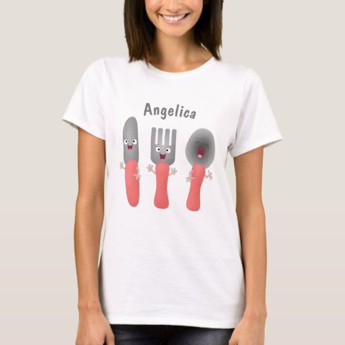 Cute knife fork and spoon cutlery cartoon T_Shirt