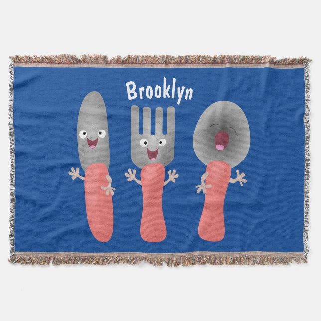 Cute knife fork and spoon cutlery cartoon throw blanket (Front)