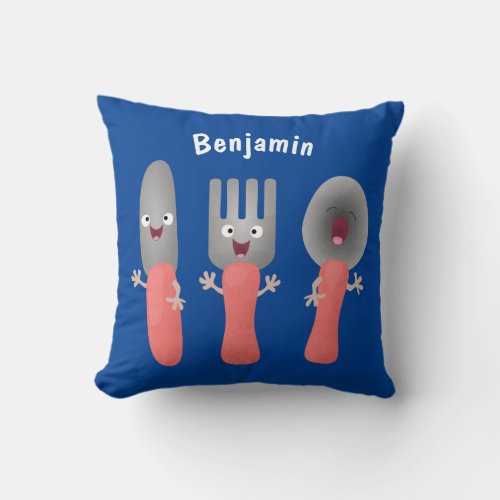 Cute knife fork and spoon cutlery cartoon throw pillow