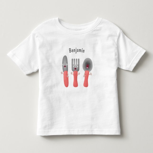 Cute knife fork and spoon cutlery cartoon toddler t-shirt (Front)