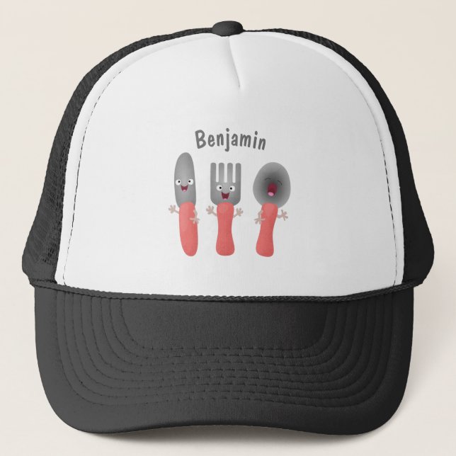 Cute knife fork and spoon cutlery cartoon trucker hat (Front)