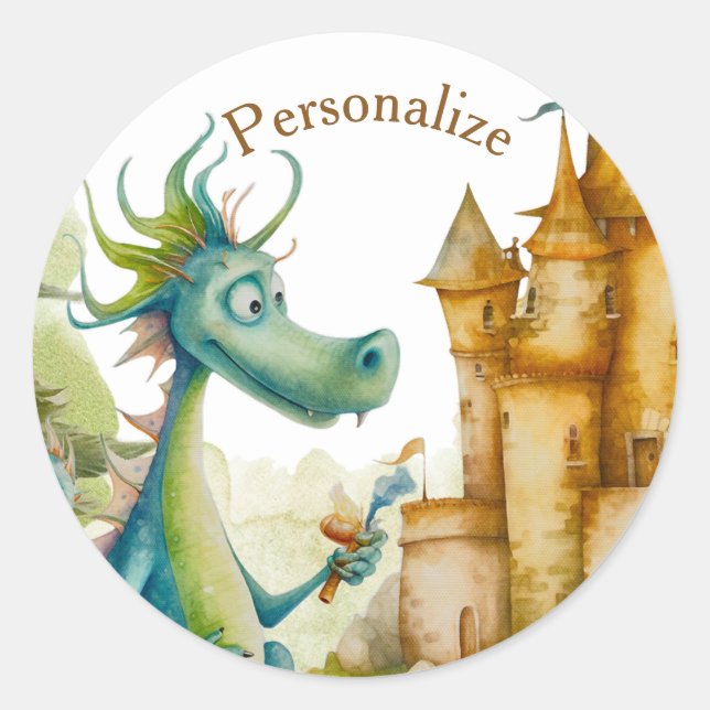 Cute Knight Dragon Castle Birthday Party Kids Classic Round Sticker (Front)