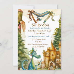 Cute Knight Dragon Castle Birthday Party Kids Invitation
