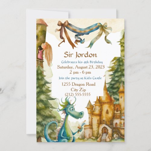 Cute Knight Dragon Castle Birthday Party Kids Invitation