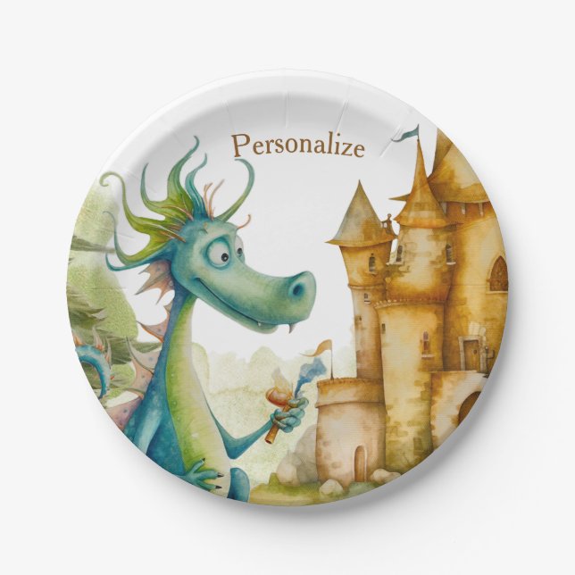 Cute Knight Dragon Castle Birthday Party Kids Paper Plates (Front)