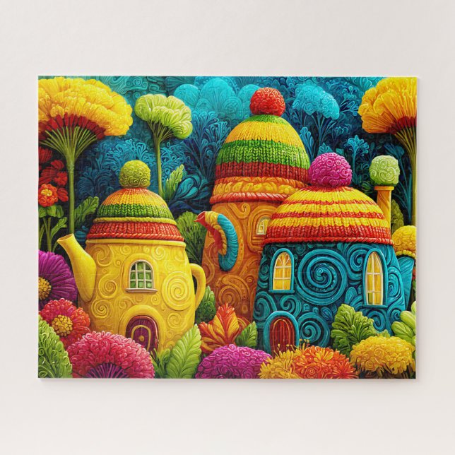 Cute Knitted Fantasy Whimsical Surreal Teapot Jigsaw Puzzle (Horizontal)