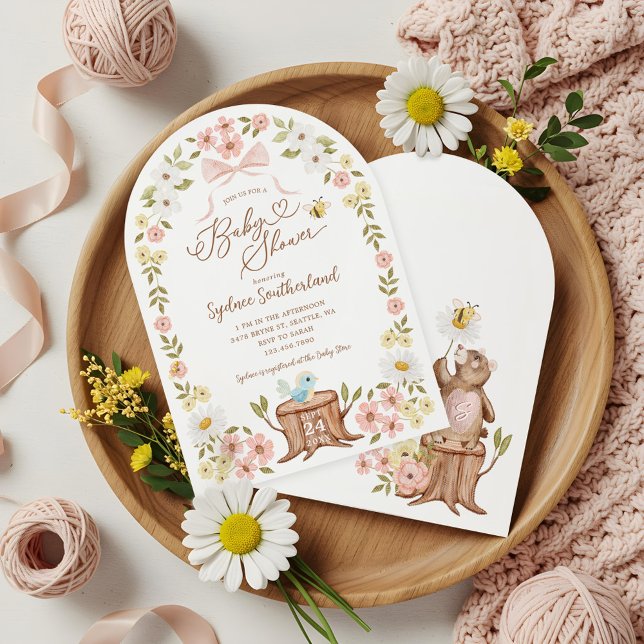 Cute Knitted Floral Woodland Bear Baby Girl Shower Invitation (Cute Knitted Floral Woodland Bear Baby Girl Shower Invitation)