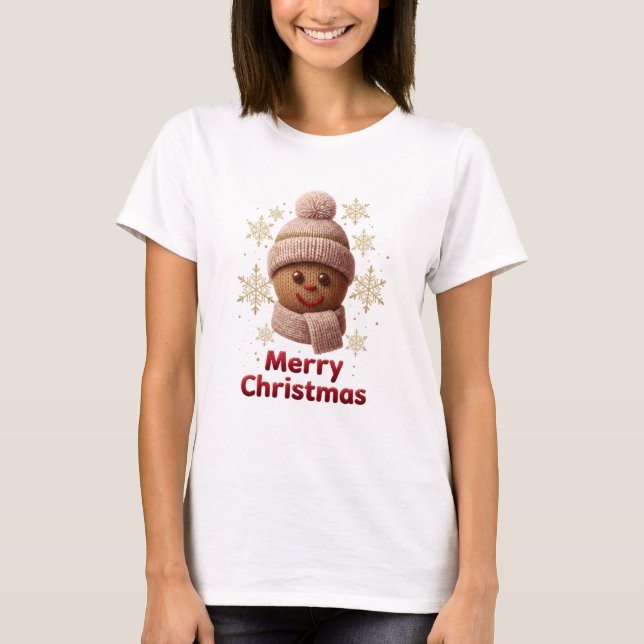 Cute Knitted Gingerbread Merry Christmas T-Shirt | (Front)