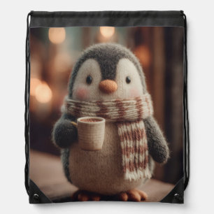 Cute Knitted Penguin Doll in Scarf Holding Mug Drawstring Bag