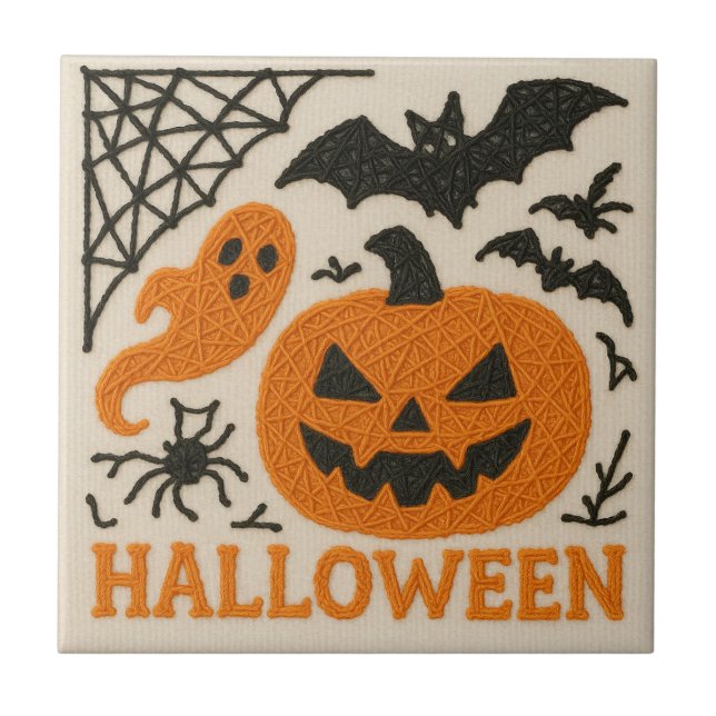 Cute Knitted Pumpkin Bat Halloween Ceramic Tile (Front)