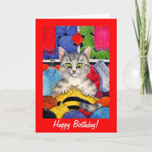 Cute knitting cat birthday or any occasion card