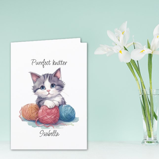 Cute knitting kitten with yarns custom name thank you card (Creator Uploaded)