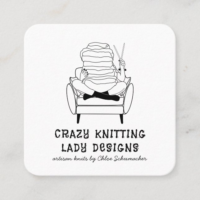 Cute Knitting Lady Custom Knit Goods Square Business Card (Front)